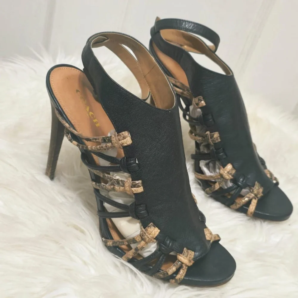 Coach High Heels Black Leather Snake Skin Accents Sandals Size 9B✌️